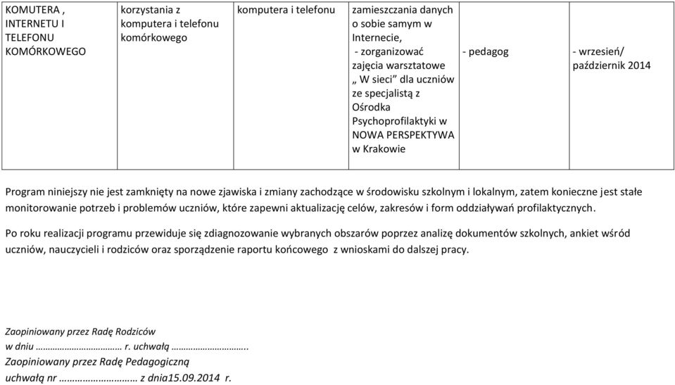 zachodzące w środowisku szkolnym i lokalnym, zatem konieczne jest stałe monitorowanie potrzeb i problemów uczniów, które zapewni aktualizację celów, zakresów i form oddziaływań profilaktycznych.