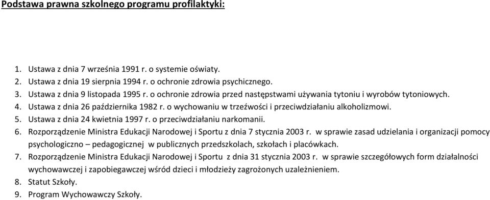 o wychowaniu w trzeźwości i przeciwdziałaniu alkoholizmowi. 5. Ustawa z dnia 24 kwietnia 1997 r. o przeciwdziałaniu narkomanii. 6.