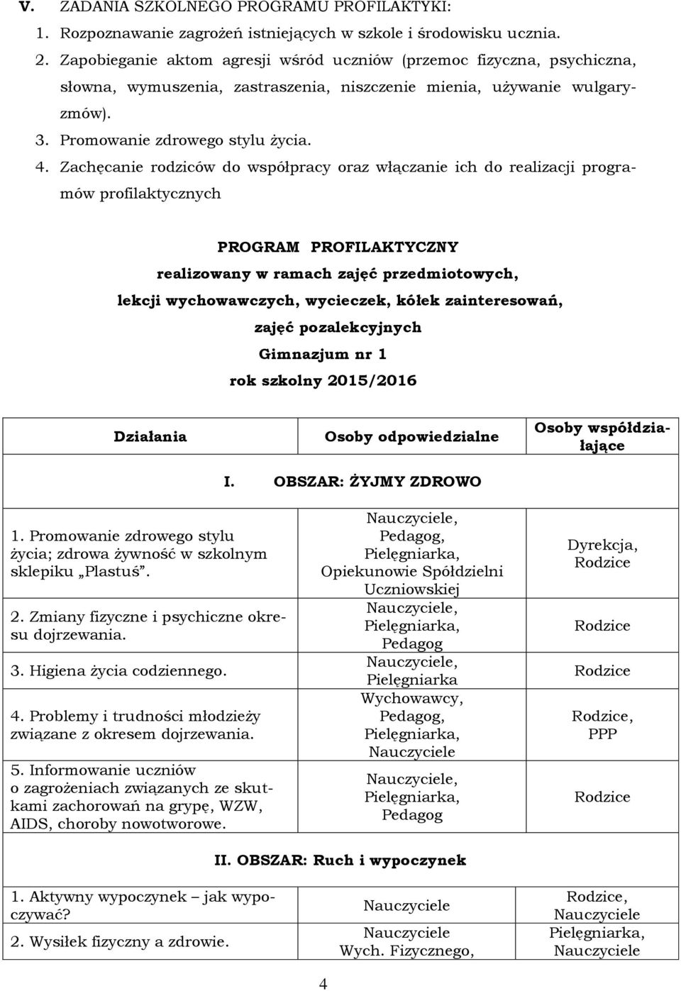Zachęcanie rodziców do współpracy oraz włączanie ich do realizacji programów profilaktycznych PROGRAM PROFILAKTYCZNY realizowany w ramach zajęć przedmiotowych, lekcji wychowawczych, wycieczek, kółek