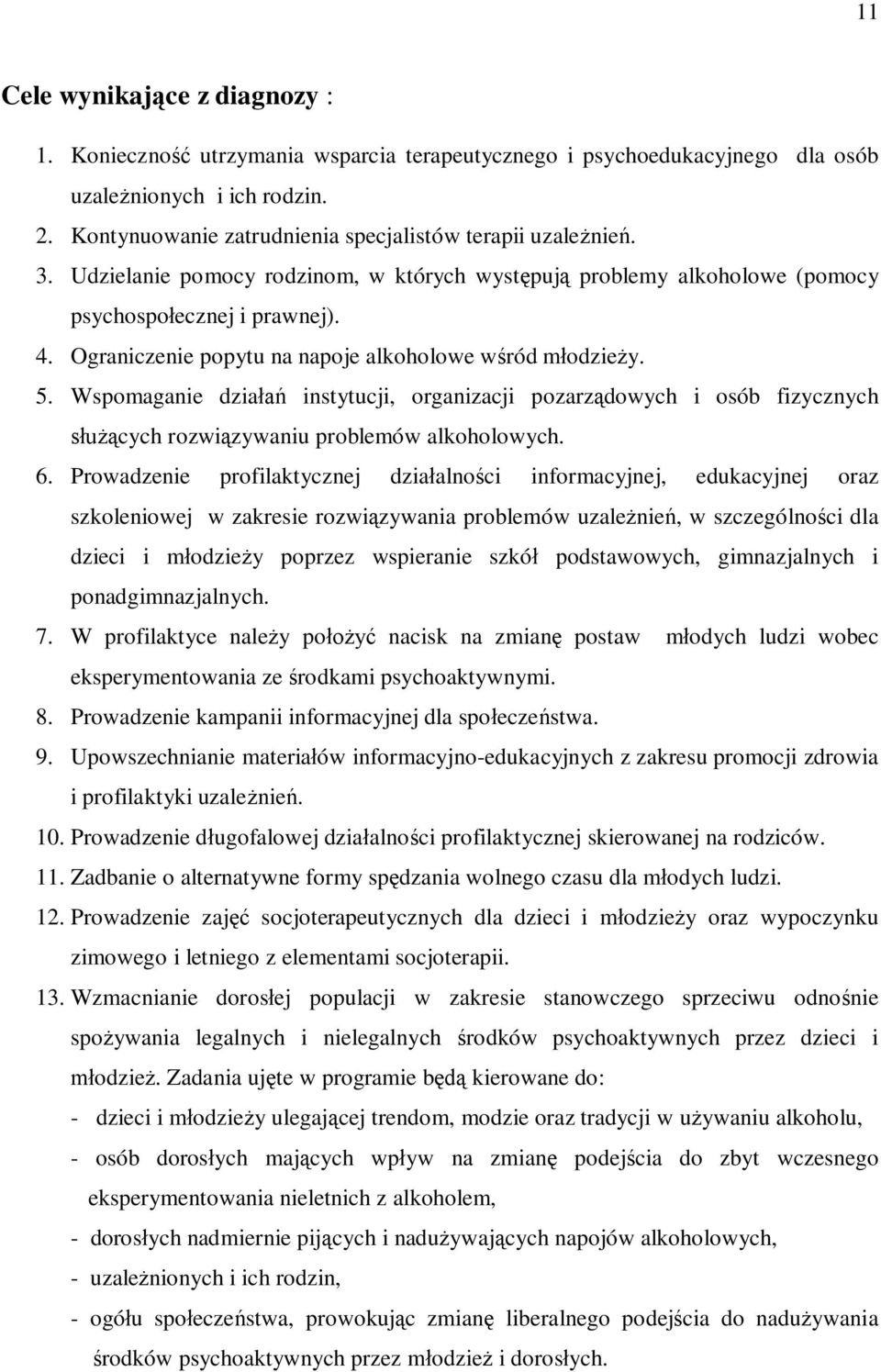 Ograniczenie popytu na napoje alkoholowe wśród młodzieży. 5. Wspomaganie działań instytucji, organizacji pozarządowych i osób fizycznych służących rozwiązywaniu problemów alkoholowych. 6.
