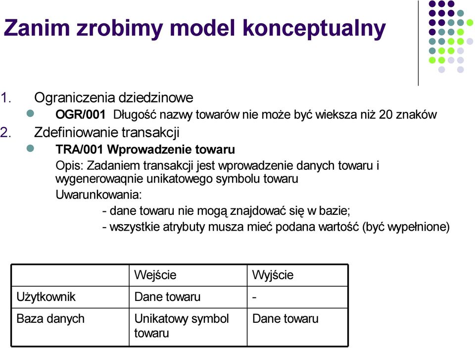 Zdefiniowanie transakcji TRA/001 Wprowadzenie towaru Opis: Zadaniem transakcji jest wprowadzenie danych towaru i