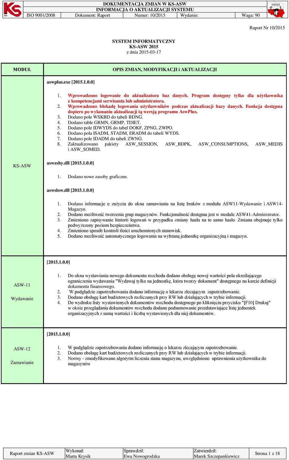 Funkcja dostępna dopiero po wykonaniu aktualizacji tą wersją programu AswPlus. 3. Dodano pole WSKBD do tabeli BDNG. 4. Dodano table GRMN, GRMP, TDIET. 5. Dodano pole IDWYDS do tabel DOKF, ZPNG, ZWPO.