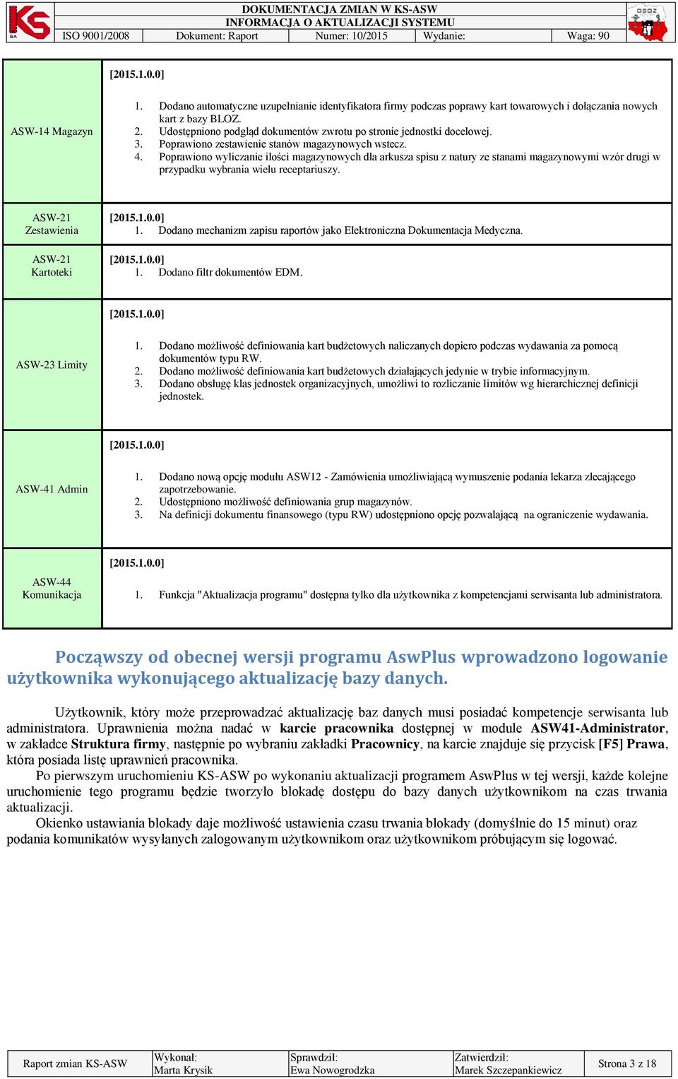 Poprawiono wyliczanie ilości magazynowych dla arkusza spisu z natury ze stanami magazynowymi wzór drugi w przypadku wybrania wielu receptariuszy. ASW-21 Zestawienia ASW-21 Kartoteki [2015.1.0.0] 1.