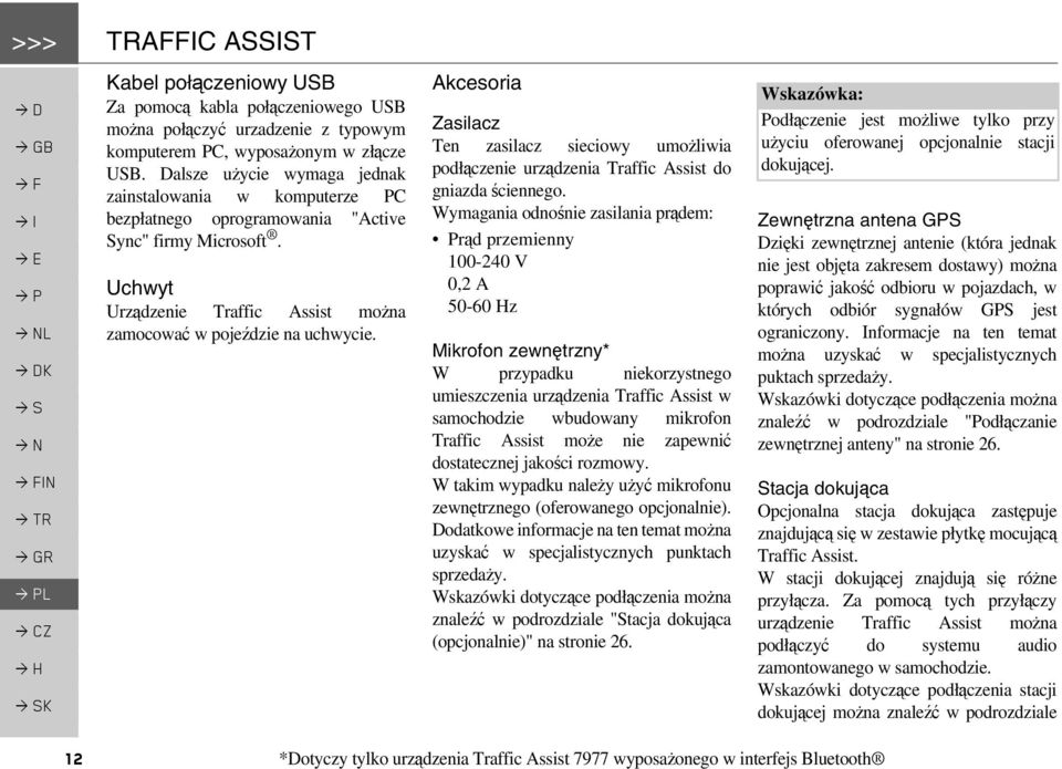 Akcesoria Zasilacz Ten zasilacz sieciowy umożliwia podłączenie urządzenia Traffic Assist do gniazda ściennego.