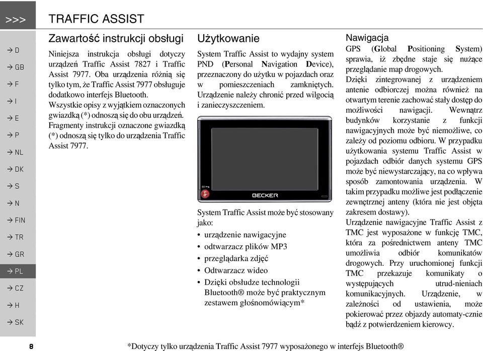 Fragmenty instrukcji oznaczone gwiazdką (*) odnoszą się tylko do urządzenia Traffic Assist 7977.