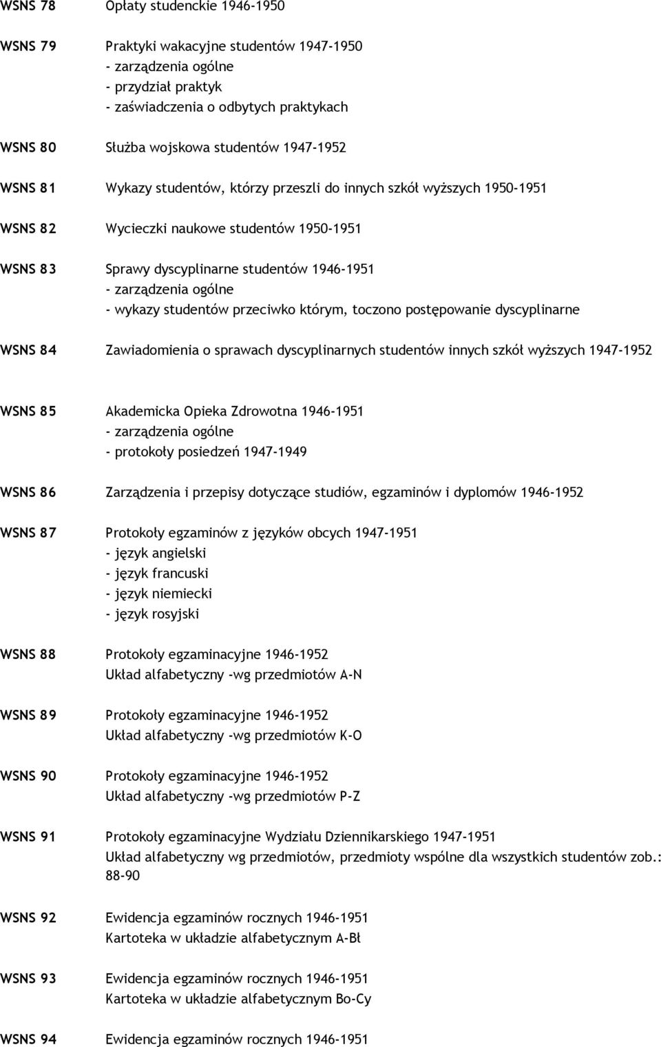 ogólne - wykazy studentów przeciwko którym, toczono postępowanie dyscyplinarne WSNS 84 Zawiadomienia o sprawach dyscyplinarnych studentów innych szkół wyŝszych 1947-1952 WSNS 85 Akademicka Opieka