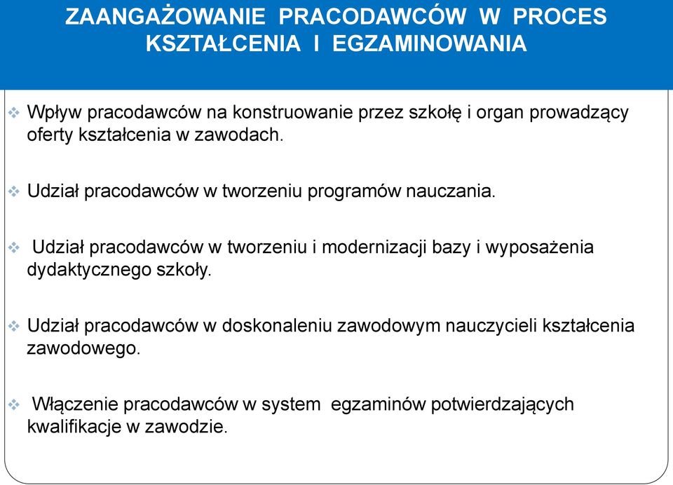 Udział pracodawców w tworzeniu i modernizacji bazy i wyposażenia dydaktycznego szkoły.