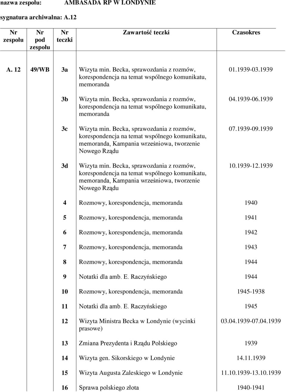 Becka, sprawozdania z rozmów, korespondencja na temat wspólnego komunikatu, memoranda, Kampania wrześniowa, tworzenie Nowego Rządu Wizyta min.