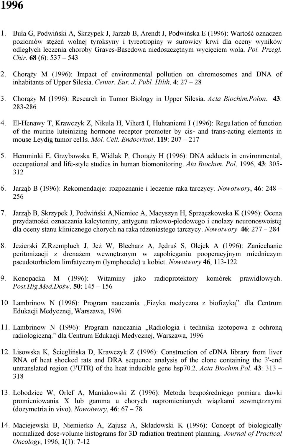 Graves-Basedowa niedoszczętnym wycięciem wola. Pol. Przegl. Chir. 68 (6): 537 543 2. Chorąży M (1996): Impact of environmental pollution on chromosomes and DNA of inhabitants of Upper Silesia. Center.