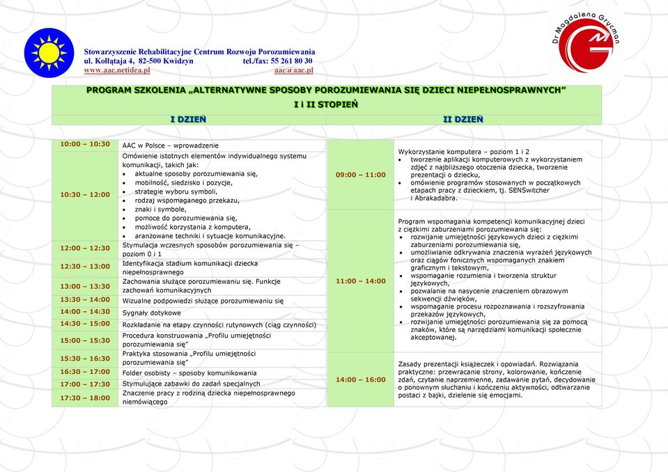 pozycje, strategie wyboru symboli, rodzaj wspomaganego przekazu, znaki i symbole, pomoce do porozumiewania się, możliwość korzystania z komputera, aranżowane techniki i sytuacje komunikacyjne.