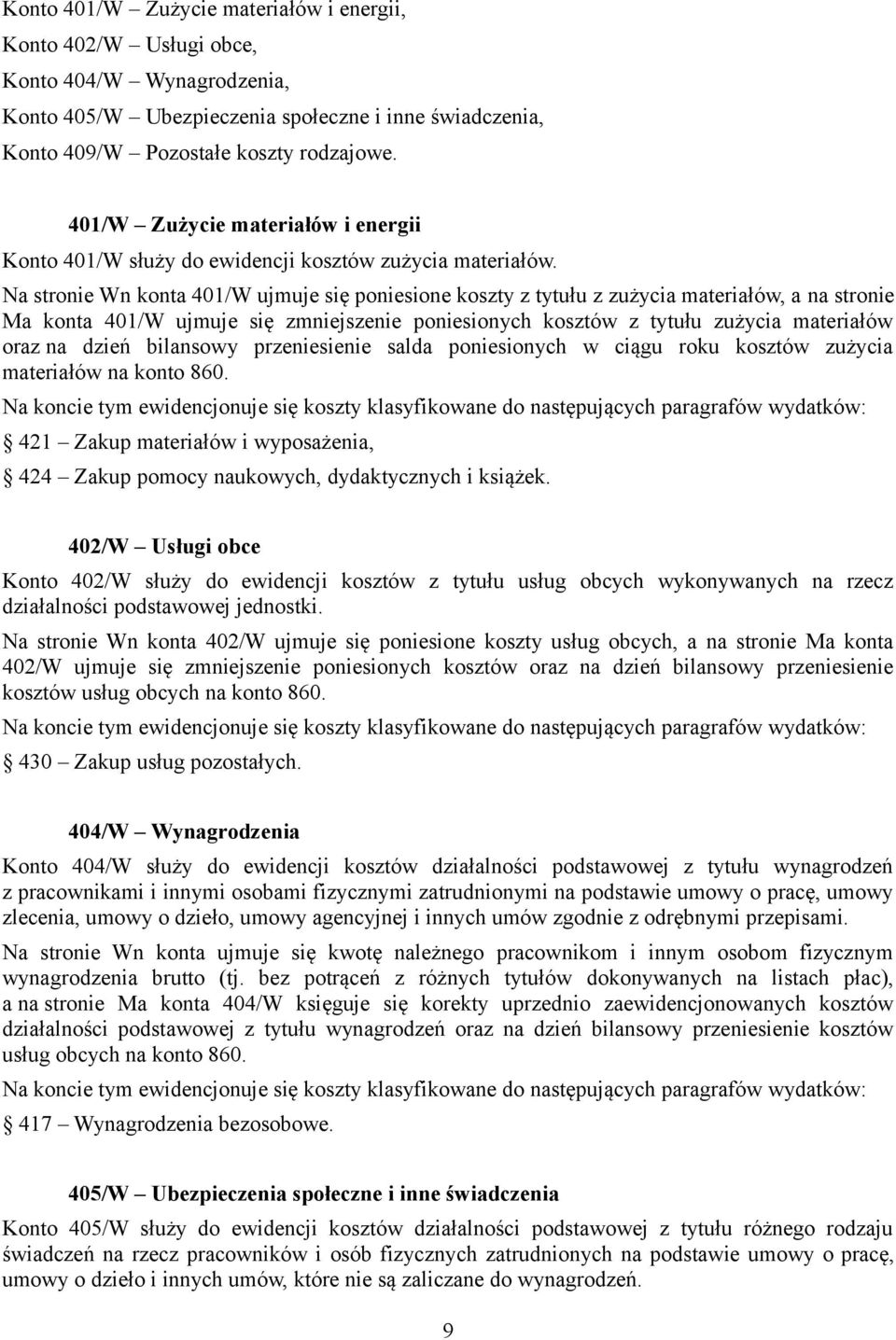 Na stronie Wn konta 401/W ujmuje się poniesione koszty z tytułu z zużycia materiałów, a na stronie Ma konta 401/W ujmuje się zmniejszenie poniesionych kosztów z tytułu zużycia materiałów oraz na