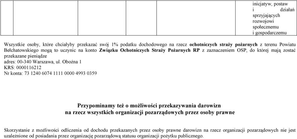 Oboźna 1 KRS: 0000116212 Nr konta: 73 1240 6074 1111 0000 4993 0359 Przypominamy też o możliwości przekazywania darowizn na rzecz wszystkich organizacji pozarządowych przez osoby prawne Skorzystanie