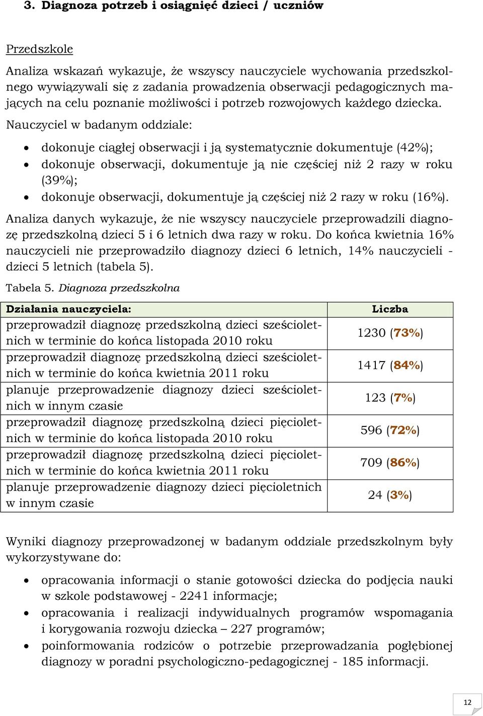 Nauczyciel w badanym oddziale: dokonuje ciągłej obserwacji i ją systematycznie dokumentuje (42%); dokonuje obserwacji, dokumentuje ją nie częściej niż 2 razy w roku (39%); dokonuje obserwacji,