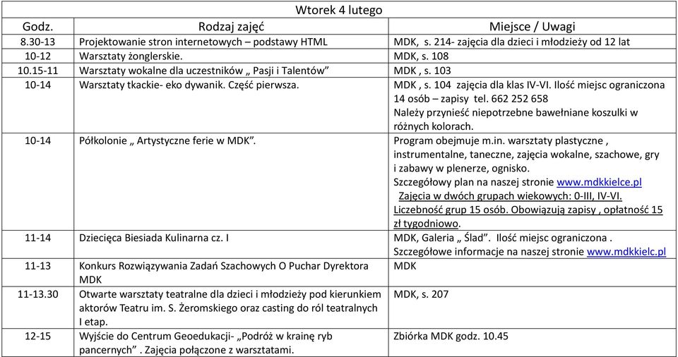 Ilość miejsc ograniczona 14 osób zapisy tel. 662252658 Należy przynieść niepotrzebne bawełniane koszulki w różnych kolorach.. 11-14 Dziecięca Biesiada Kulinarna cz. I MDK, Galeria Ślad.