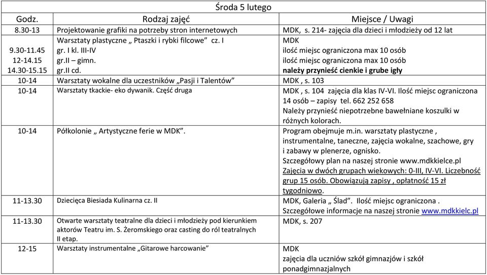 należy przynieść cienkie i grube igły 10-14 Warsztaty wokalne dla uczestników Pasji i Talentów MDK, s. 103 10-14 Warsztaty tkackie- eko dywanik. Część druga MDK, s. 104 zajęcia dla klas IV-VI.