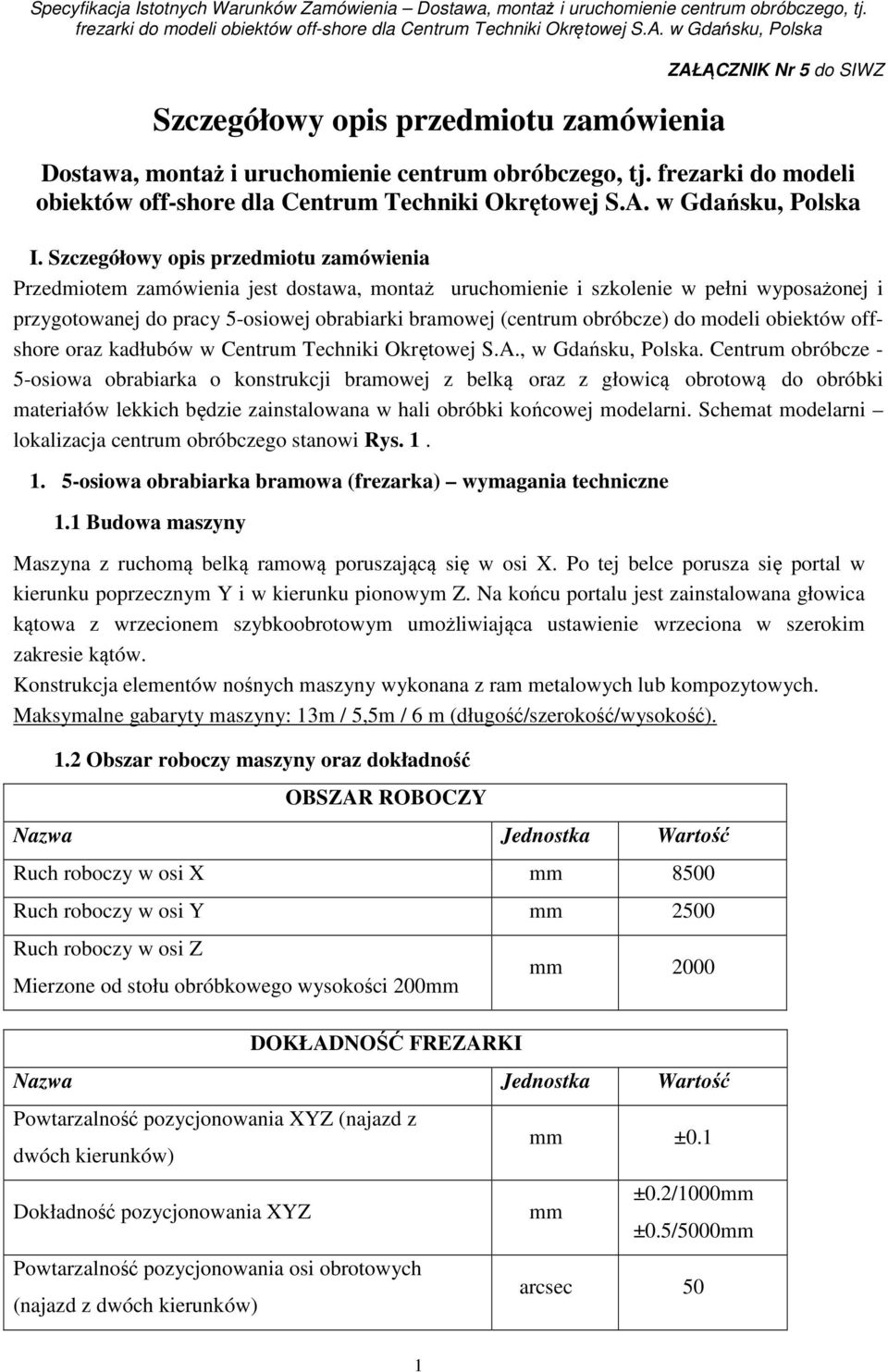 obróbcze) do modeli obiektów offshore oraz kadłubów w Centrum Techniki Okrętowej S.A., w Gdańsku, Polska.