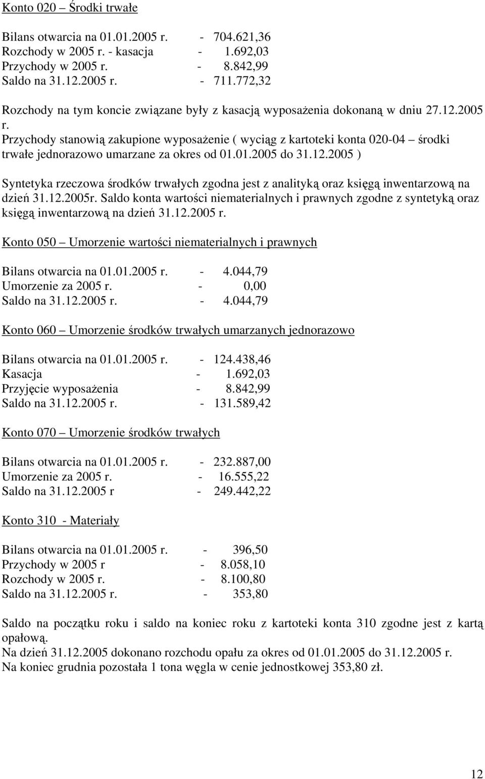 Przychody stanowią zakupione wyposażenie ( wyciąg z kartoteki konta 020-04 środki trwałe jednorazowo umarzane za okres od 01.01.2005 do 31.12.