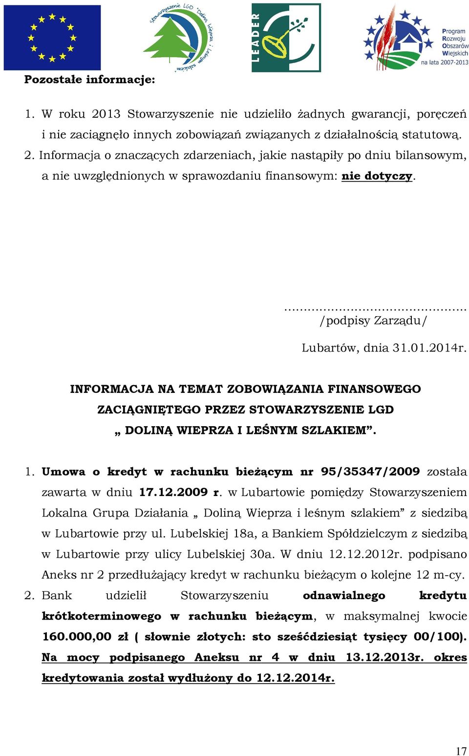 Umowa o kredyt w rachunku bieżącym nr 95/35347/2009 została zawarta w dniu 17.12.2009 r.