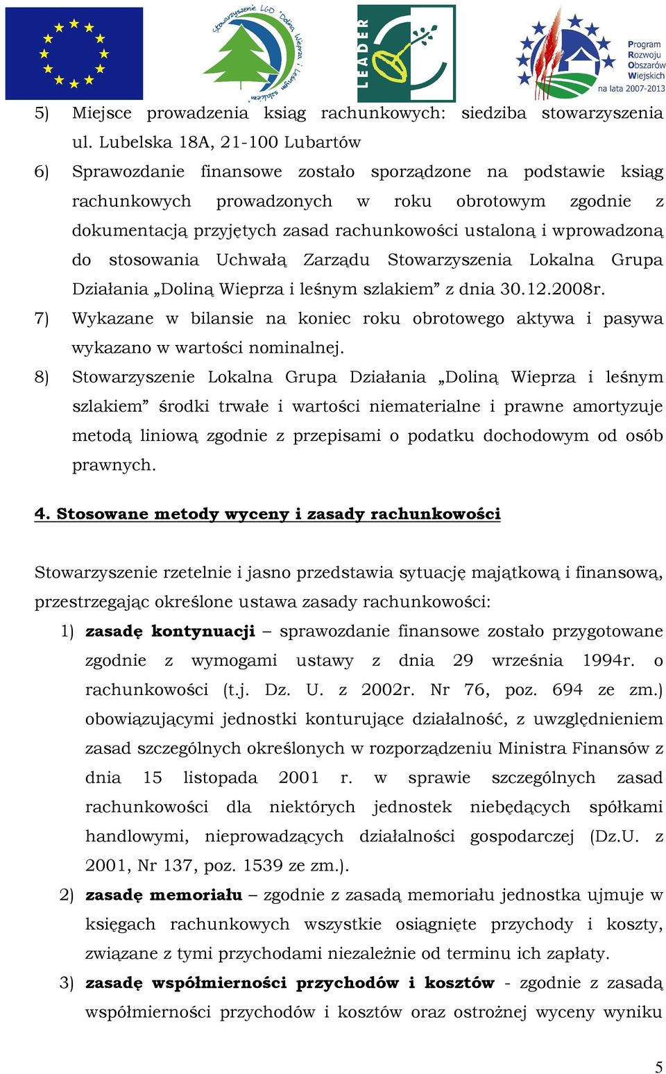 ustaloną i wprowadzoną do stosowania Uchwałą Zarządu Stowarzyszenia Lokalna Grupa Działania Doliną Wieprza i leśnym szlakiem z dnia 30.12.2008r.