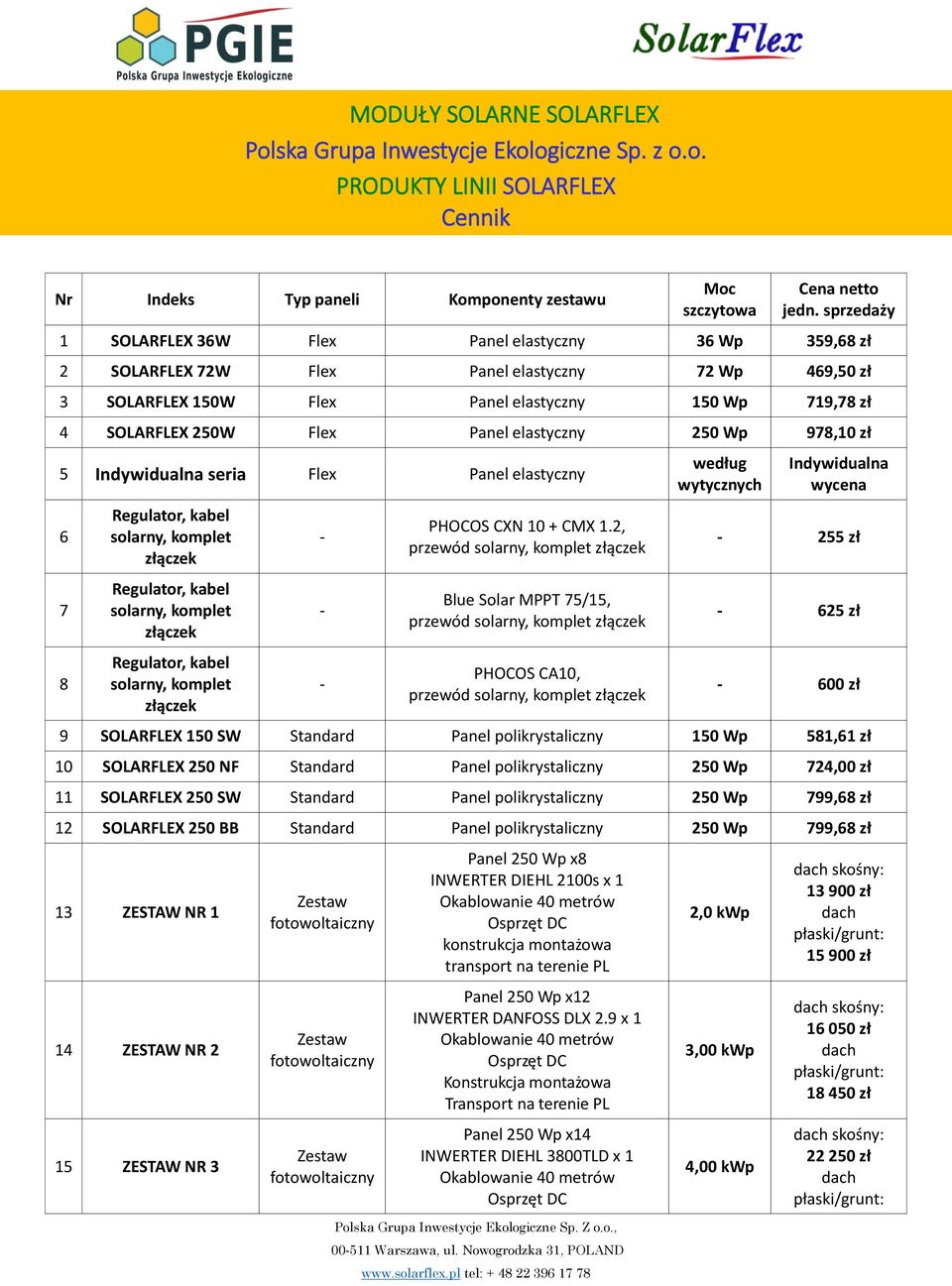 Panel elastyczny 250 Wp 978,10 zł 5 Indywidualna seria Flex Panel elastyczny 6 7 8 Regulator, kabel solarny, komplet złączek Regulator, kabel solarny, komplet złączek Regulator, kabel solarny,