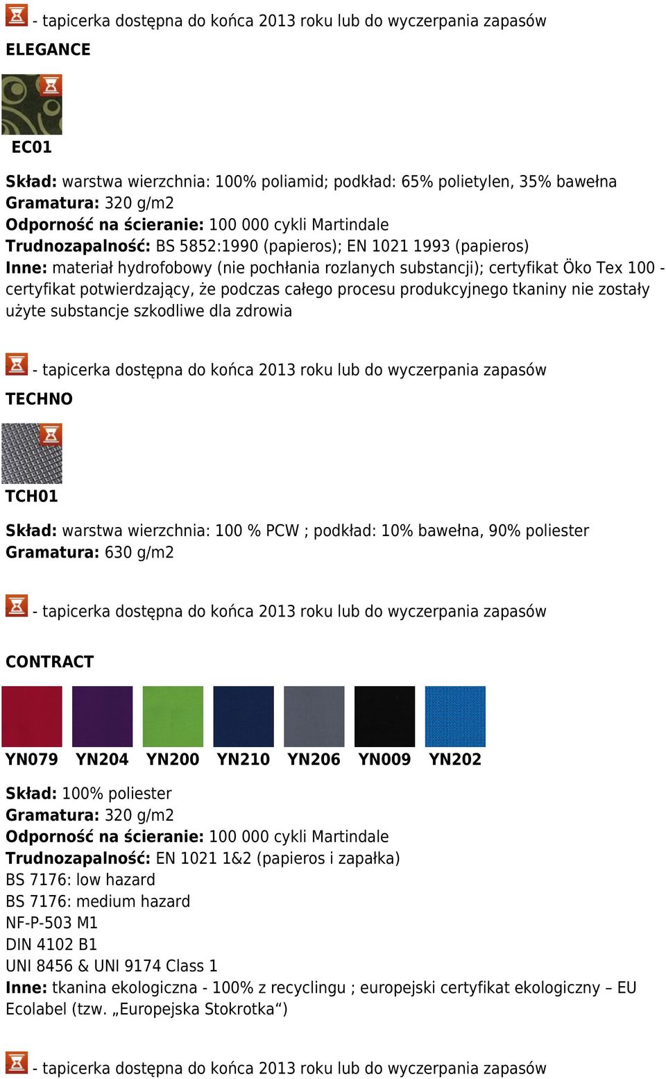 nie zostały użyte substancje szkodliwe dla zdrowia TECHNO TCH01 Skład: warstwa wierzchnia: 100 % PCW ; podkład: 10% bawełna, 90% poliester Gramatura: 630 g/m2 CONTRACT YN079 YN204 YN200 YN210 YN206