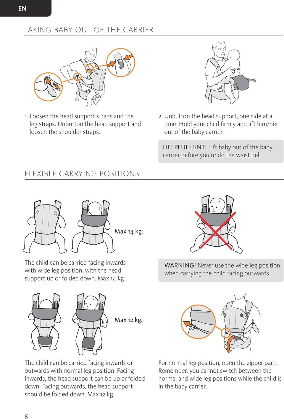 The child can be carried facing inwards with wide leg position, with the head support up or folded down. Max 14 kg. WARNING! Never use the wide leg position when carrying the child facing outwards.
