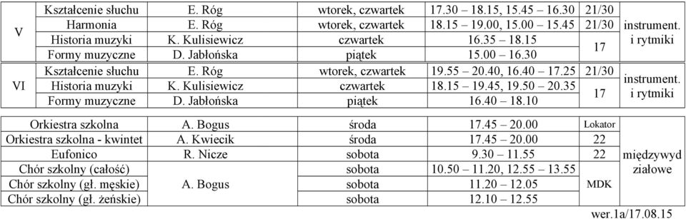 35 i rytmiki Formy muzyczne D. Jabłońska piątek 16.40 18.10 Orkiestra szkolna A. Bogus środa.45 20.00 Lokator Orkiestra szkolna - kwintet A. Kwiecik środa.45 20.00 22 Eufonico R.