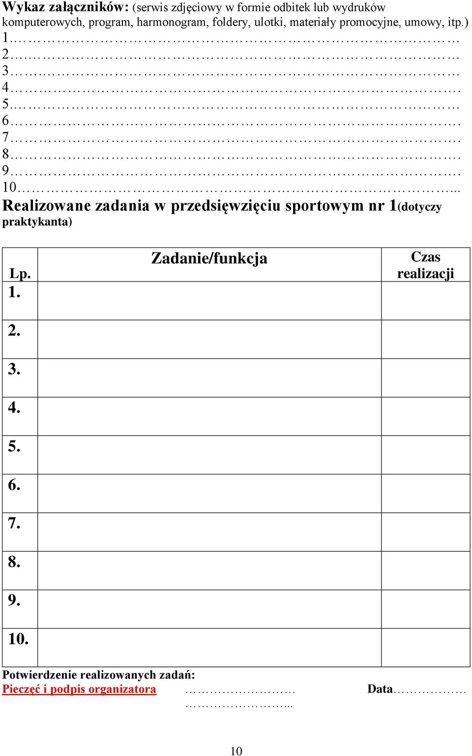 .. Realizowane zadania w przedsięwzięciu sportowym nr 1(dotyczy praktykanta) Lp. 1. 2. 3. 4. 5. 6. 7.