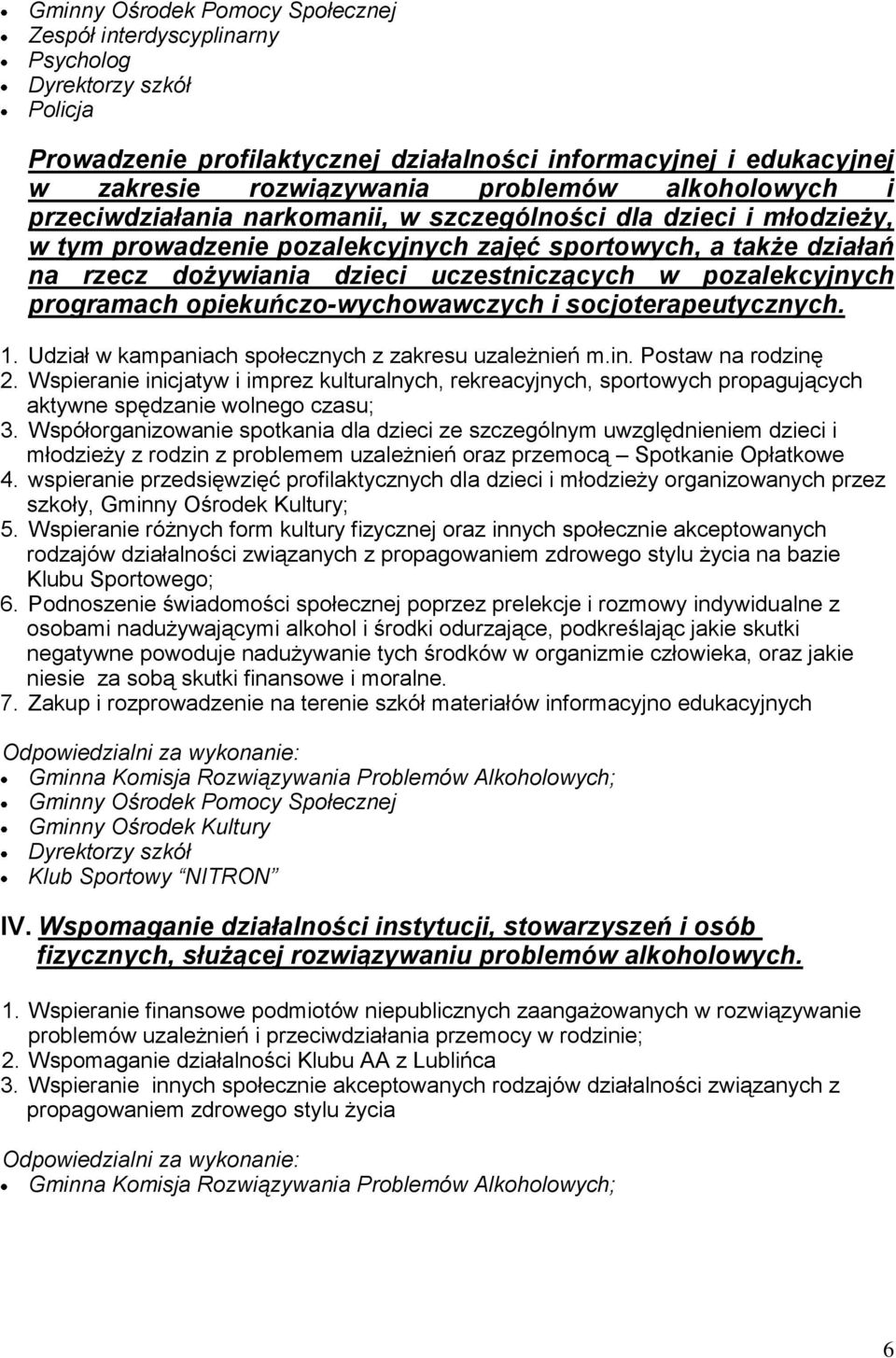 pozalekcyjnych programach opiekuńczo-wychowawczych i socjoterapeutycznych. 1. Udział w kampaniach społecznych z zakresu uzależnień m.in. Postaw na rodzinę 2.