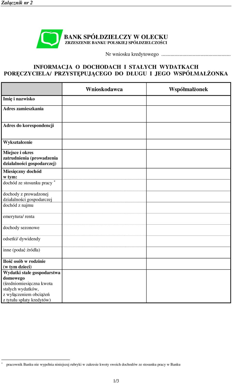 Wykształcenie Miejsce i okres zatrudnienia (prowadzenia działalności gospodarczej) Miesięczny dochód w tym: dochód ze stosunku pracy dochody z prowadzonej działalności gospodarczej dochód z najmu