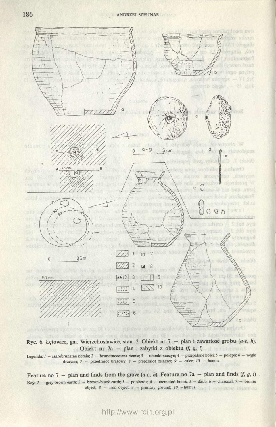 polepa; 6 węgle drzewne; 7 przedmiot brązowy; 8 przedmiot żelazny; 9 calec; 10 humus Feature no 7 - plan and finds from the grave (a-c, h).