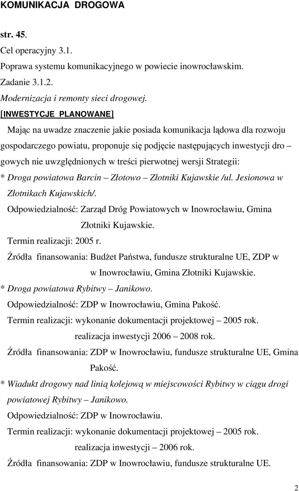 treści pierwotnej wersji Strategii: * Droga powiatowa Barcin Złotowo Złotniki Kujawskie /ul. Jesionowa w Złotnikach Kujawskich/.