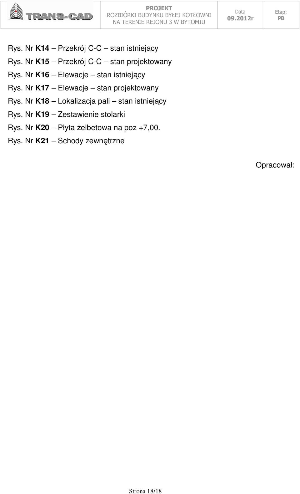 Nr K17 Elewacje stan projektowany Rys. Nr K18 Lokalizacja pali stan istniejący Rys.