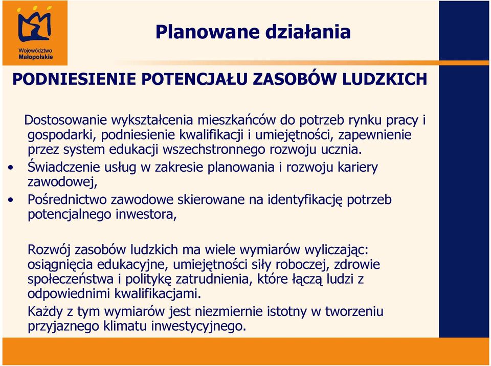 Świadczenie usług w zakresie planowania i rozwoju kariery zawodowej, Pośrednictwo zawodowe skierowane na identyfikację potrzeb potencjalnego inwestora, Rozwój zasobów