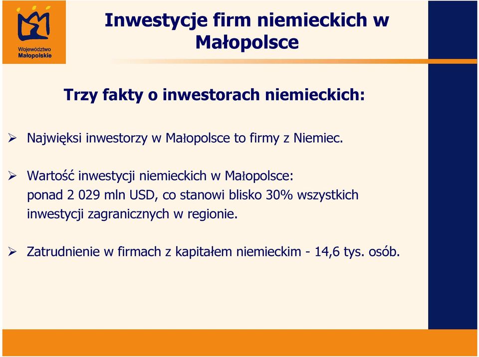 Wartość inwestycji niemieckich w Małopolsce: ponad 2 029 mln USD, co stanowi