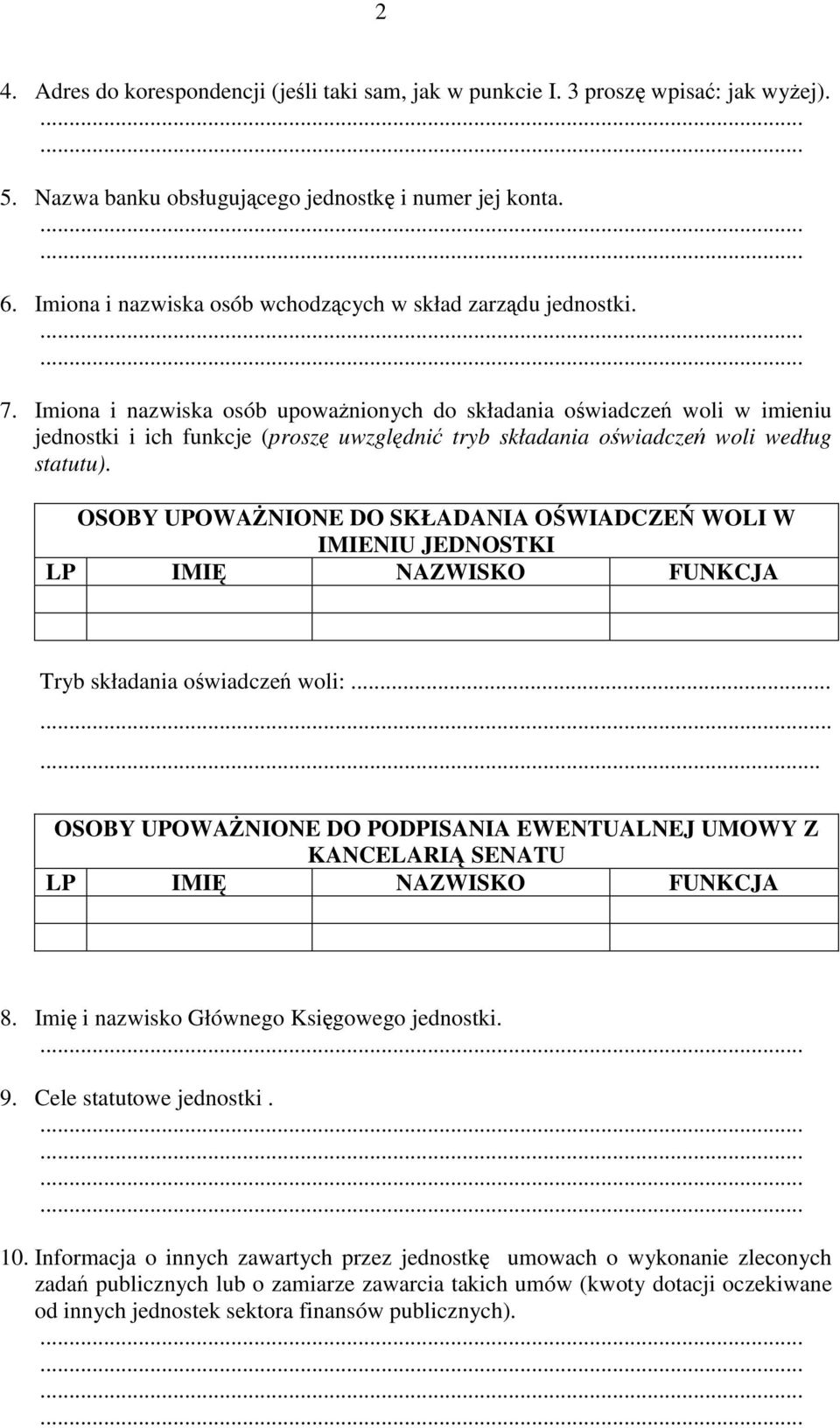 Imiona i nazwiska osób upoważnionych do składania oświadczeń woli w imieniu jednostki i ich funkcje (proszę uwzględnić tryb składania oświadczeń woli według statutu).