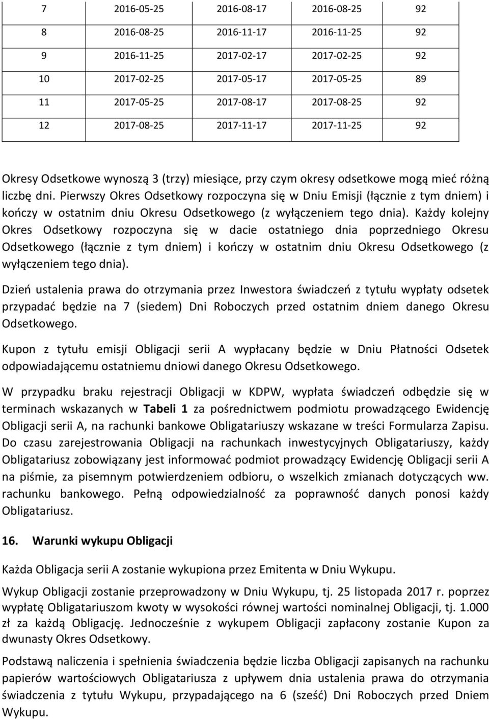 Pierwszy Okres Odsetkowy rozpoczyna się w Dniu Emisji (łącznie z tym dniem) i kończy w ostatnim dniu Okresu Odsetkowego (z wyłączeniem tego dnia).