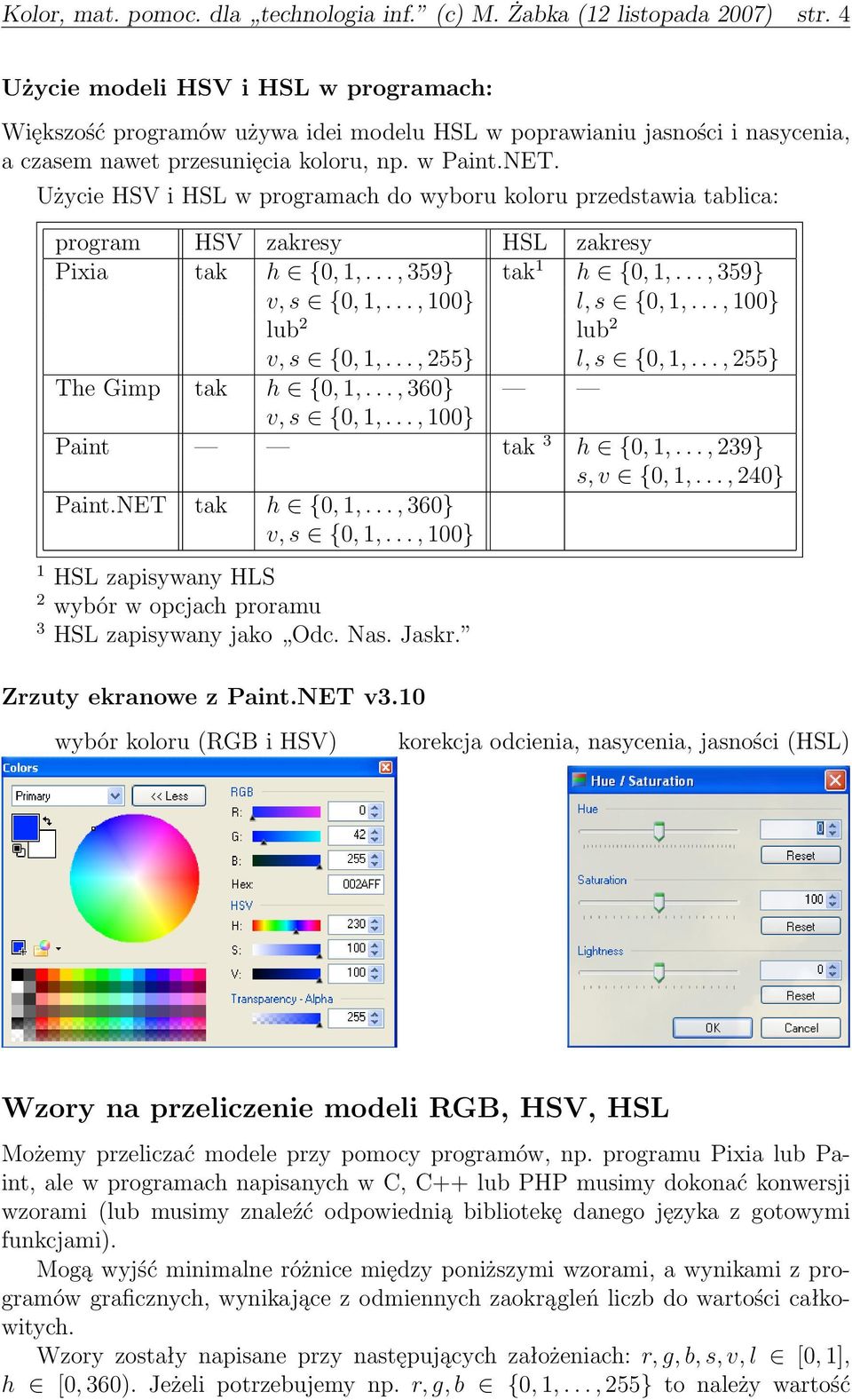 Użycie HSV i HSL w programach do wyboru koloru przedstawia tablica: program HSV zakresy HSL zakresy Pixia tak h {0, 1,..., 359} tak 1 h {0, 1,..., 359} v, s {0, 1,..., 100} l, s {0, 1,.