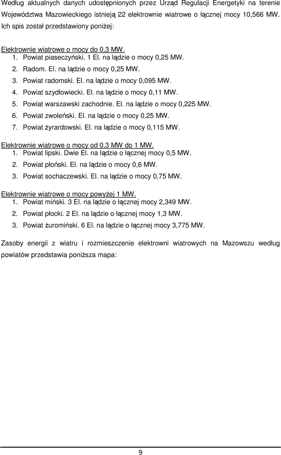 4. Powiat szydłowiecki. El. na lądzie o mocy 0,11 MW. 5. Powiat warszawski zachodnie. El. na lądzie o mocy 0,225 MW. 6. Powiat zwoleński. El. na lądzie o mocy 0,25 MW. 7. Powiat Ŝyrardowski. El. na lądzie o mocy 0,115 MW.