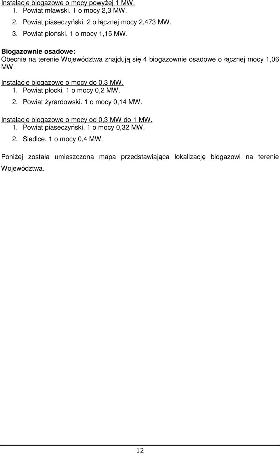 Instalacje biogazowe o mocy do 0,3 MW. 1. Powiat płocki. 1 o mocy 0,2 MW. 2. Powiat Ŝyrardowski. 1 o mocy 0,14 MW.