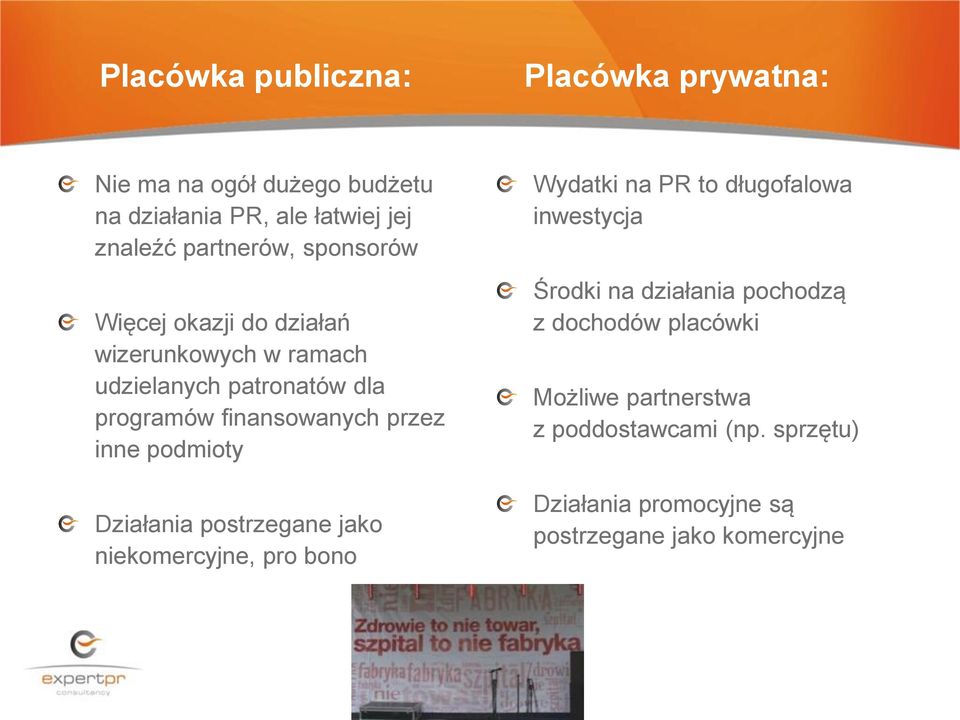 podmioty Działania postrzegane jako niekomercyjne, pro bono Wydatki na PR to długofalowa inwestycja Środki na działania