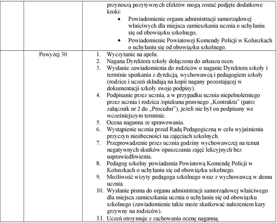 Wysłanie zawiadomienia do rodziców o naganie Dyrektora szkoły i terminie spotkania z dyrekcją, wychowawcą i pedagogiem szkoły (rodzice i uczeń składają na kopii nagany pozostającej w dokumentacji
