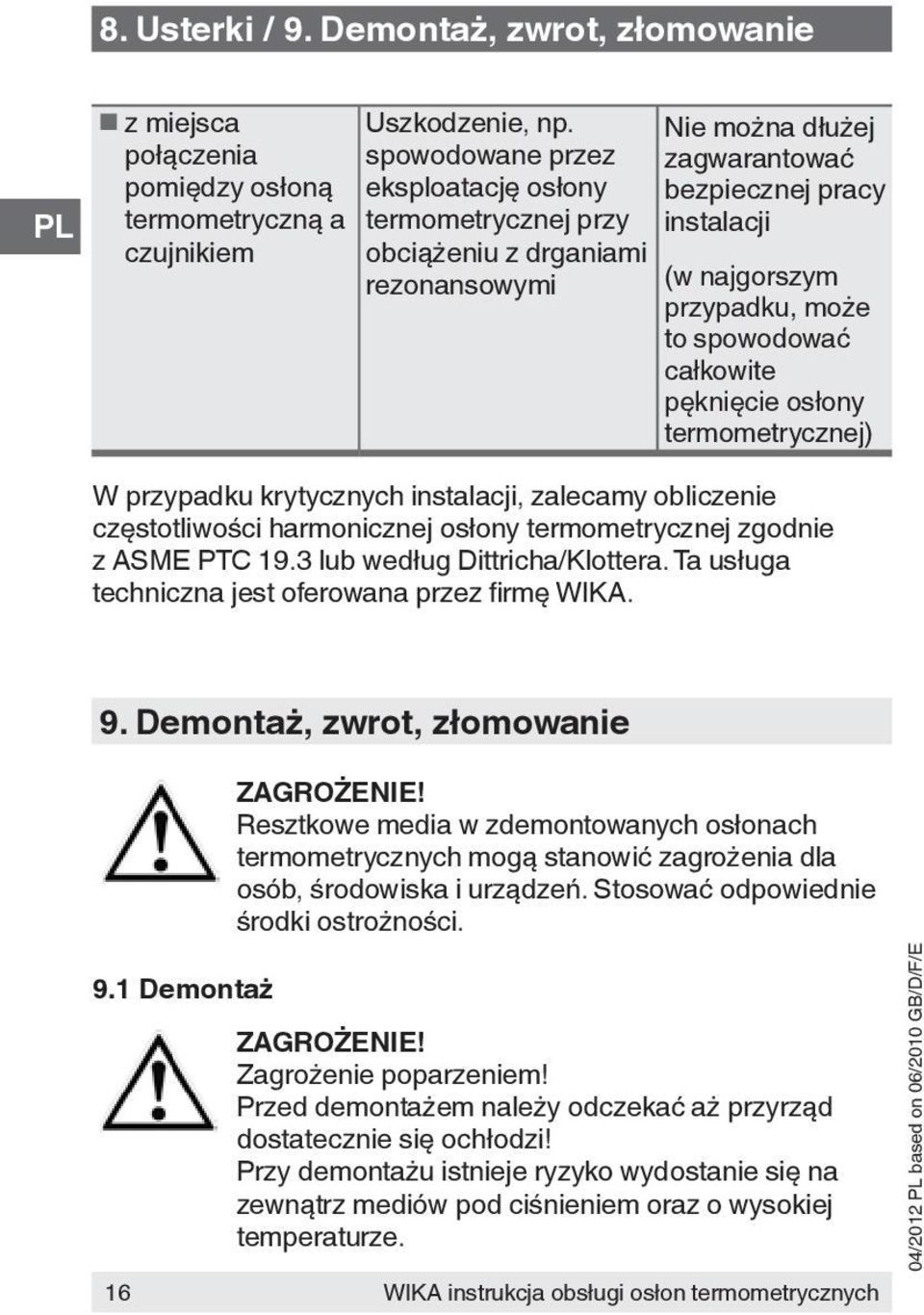 instalacji (w najgorszym przypadku, może to spowodować całkowite pęknięcie osłony termometrycznej) W przypadku krytycznych instalacji, zalecamy obliczenie częstotliwości harmonicznej osłony