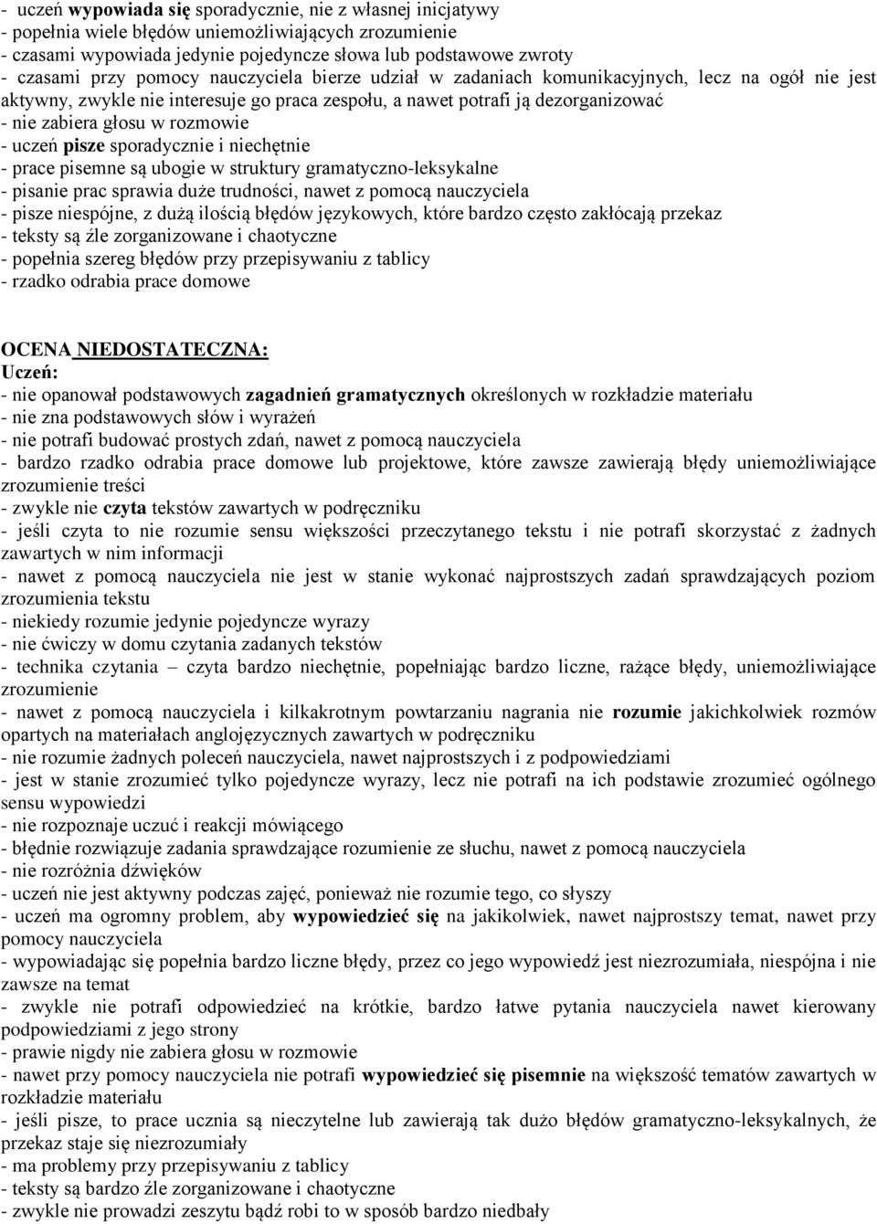 uczeń pisze sporadycznie i niechętnie - prace pisemne są ubogie w struktury gramatyczno-leksykalne - pisanie prac sprawia duże trudności, nawet z pomocą nauczyciela - pisze niespójne, z dużą ilością