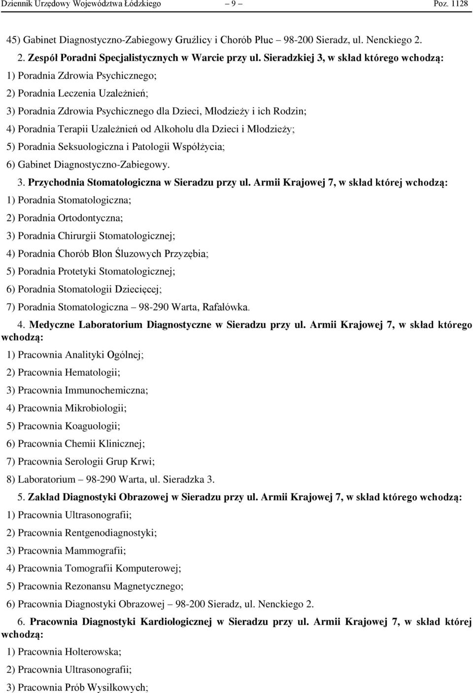 Uzależnień od Alkoholu dla Dzieci i Młodzieży; 5) Poradnia Seksuologiczna i Patologii Współżycia; 6) Gabinet Diagnostyczno-Zabiegowy. 3. Przychodnia Stomatologiczna w Sieradzu przy ul.