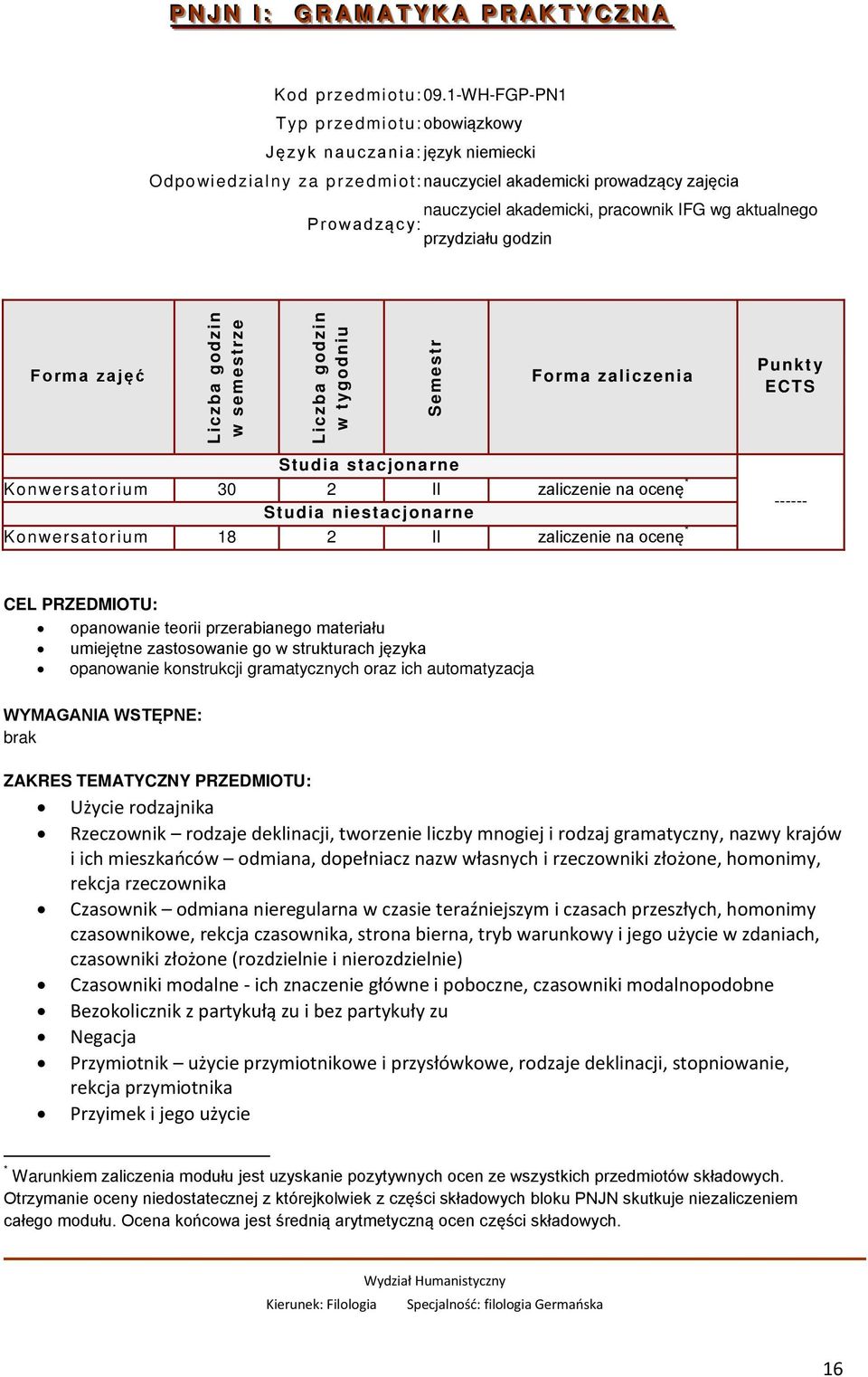 Prowadząc y: przydziału godzin Forma zajęć w semestrze w tygodniu Semestr Forma zaliczenia Punkt y ECTS Konwersatorium 30 2 II zaliczenie na ocenę * Konwersatorium 18 2 II zaliczenie na ocenę *