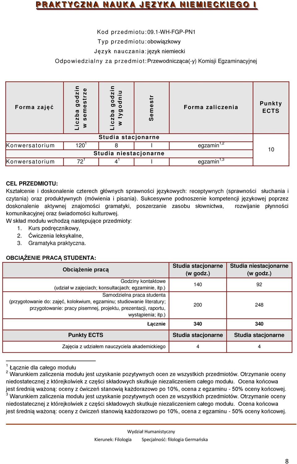zaliczenia Punkt y ECTS Konwersatorium 120 1 8 I egzamin 1,2 Konwersatorium 72 1 4 1 I egzamin 1,3 10 CEL PRZEDMIOTU: Kształcenie i doskonalenie czterech głównych sprawności językowych: receptywnych