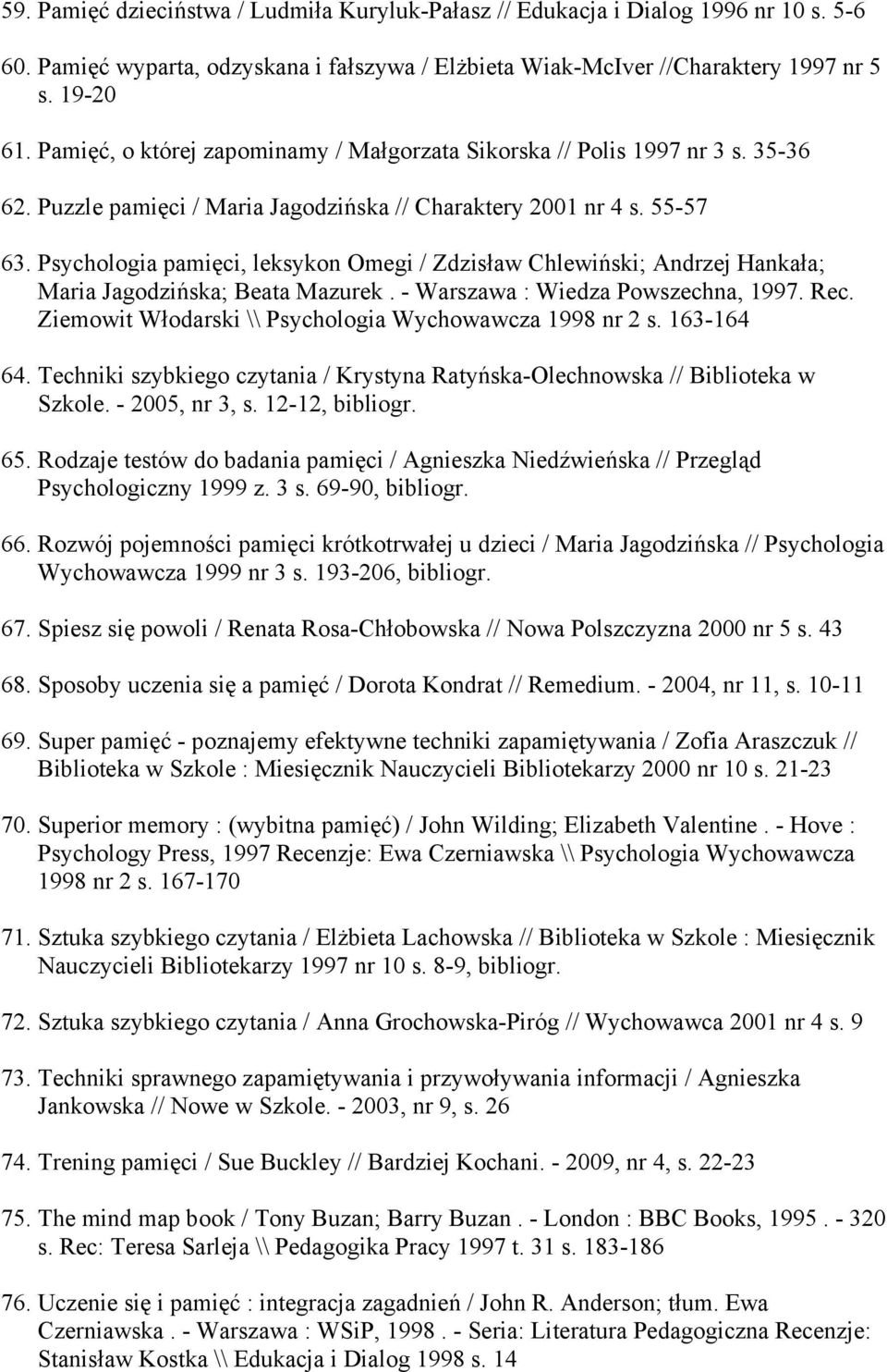 Psychologia pamięci, leksykon Omegi / Zdzisław Chlewiński; Andrzej Hankała; Maria Jagodzińska; Beata Mazurek. - Warszawa : Wiedza Powszechna, 1997. Rec.