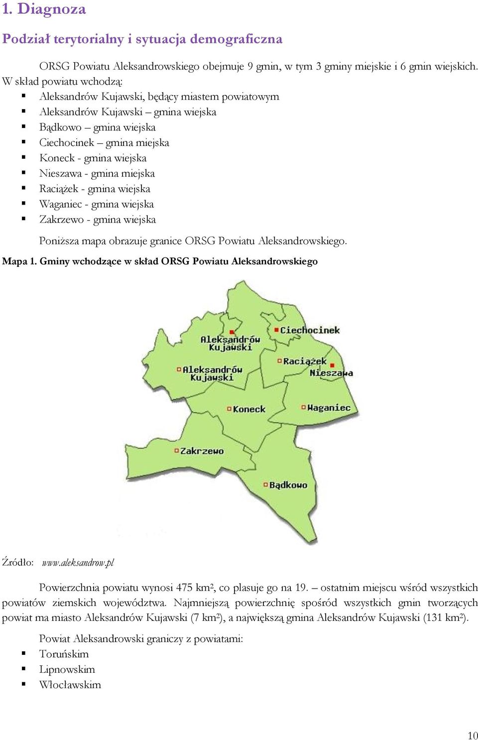 miejska Raciążek - gmina wiejska Waganiec - gmina wiejska Zakrzewo - gmina wiejska Poniższa mapa obrazuje granice ORSG Powiatu Aleksandrowskiego. Mapa 1.