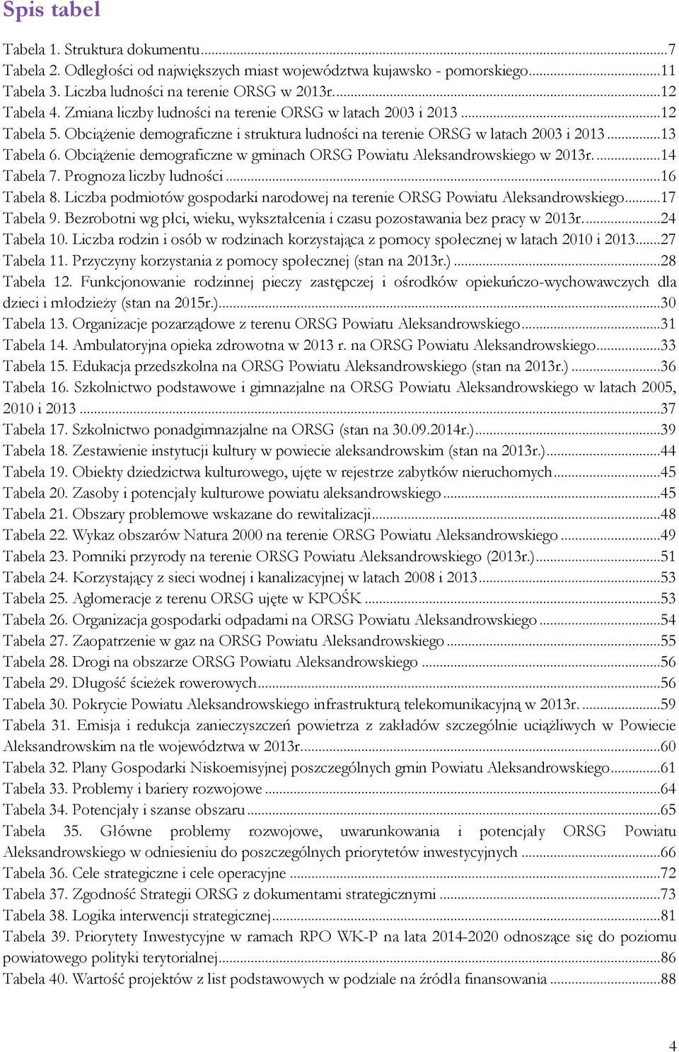 Obciążenie demograficzne w gminach ORSG Powiatu Aleksandrowskiego w 2013r....14 Tabela 7. Prognoza liczby ludności...16 Tabela 8.